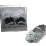 Girls White Satin Christening Shoes with Floral Diamante detail