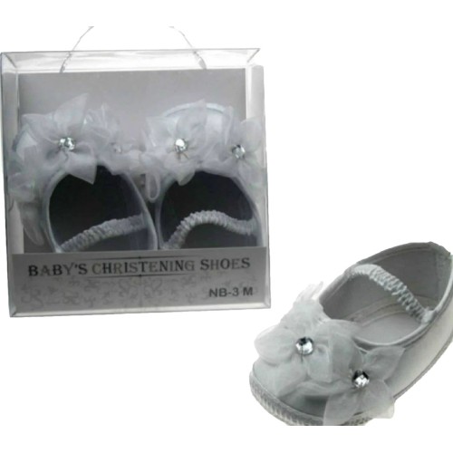 Girls White Satin Christening Shoes with Floral Diamante detail