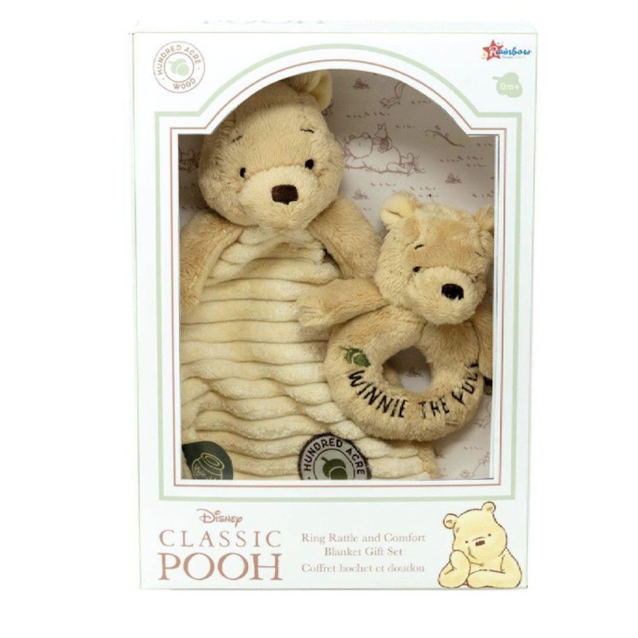 Winnie the Pooh Ring Rattle Comfort Blanket Soft Toy Gift Set