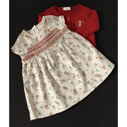 Woodland Dress & Red Cardigan