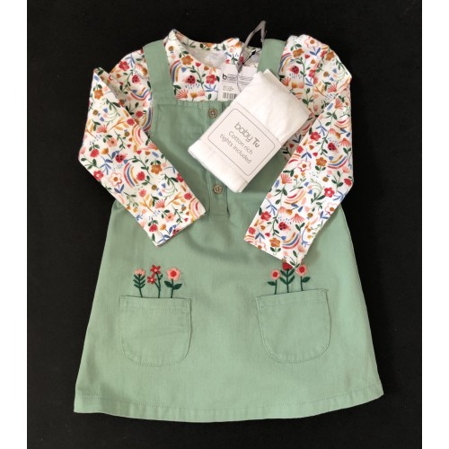 Green Dress Floral Top And Tights 9/12 Months